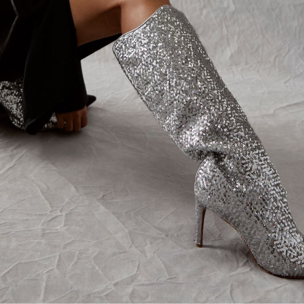 Free People Silver Sequin Heeled Boots with Stiletto Heel